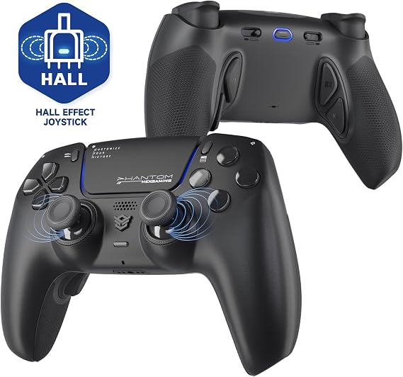 HEXGAMING ホールエフェクトバージョンps5やPCや携帯など対応用PHANTOM Proゲーミングコントローラー、4つの割り当て可能な背面ボタンが付いて、プロファイルが6種類登録できて、交換可能なアナログスティック8種類から選べ、調整できるアダプティブトリガー機能付いていますブラック