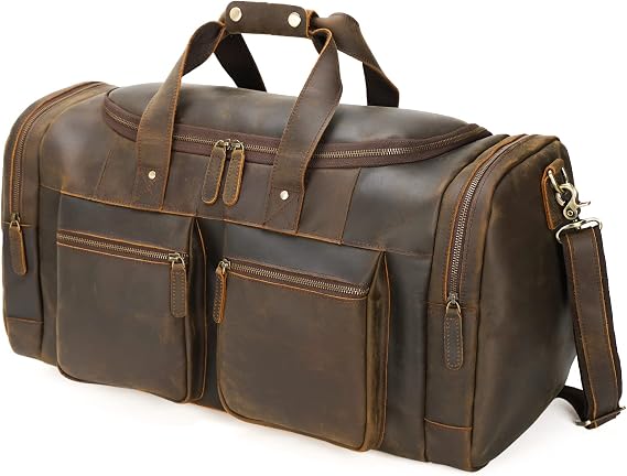Polare 23" Full Grain Cowhide Leather Travel Duffle Bag Weekender Overnight Carry on Bag For Men
