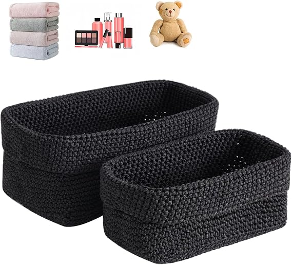 2PCS Woven Storage Basket,Storage Baskets For Shelves,Knitted Cotton Rope Basket For Living Room,Bathrooms,Offices,Kitchens,Towels,Cosmetics,Toys,Jewellery(Black)