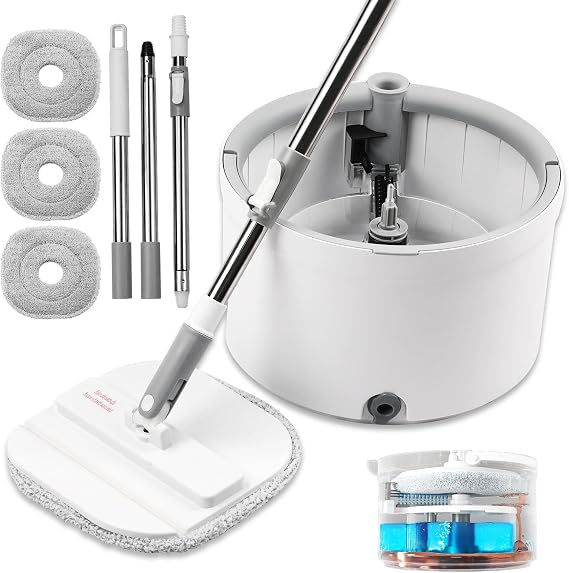 Mop and Bucket Set, Spin Mop and Bucket Set with Separation Dirty and Clean Water System Self Wringing Square Mop and Bucket with 3 Washable Microfiber Pads, Deep-Cleaning Mops for Floors