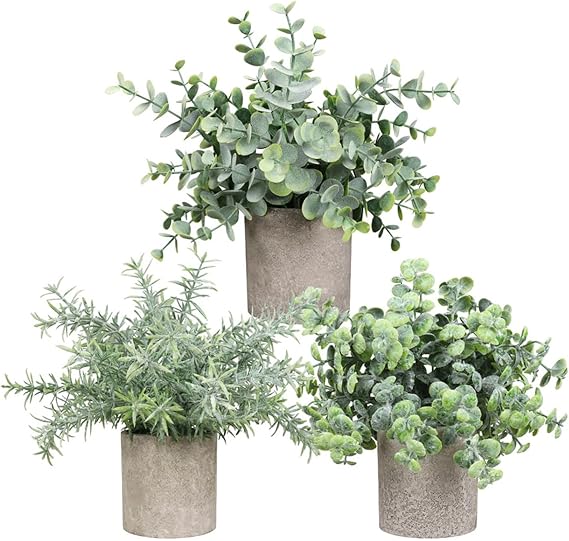 3 Pack Mini Potted Fake Plants,Artificial Plant,Faux Plants Indoor,Faux Plastic Eucalyptus Farmhouse Decor,Artificial Plants for Living Room Home Bathroom Office Desk Outdoor