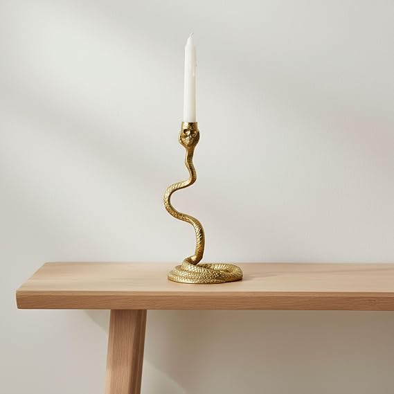 Decorative Candle Holder for Home Decor Snake Taper Centerpiece, Modern Gold Metal Table Accent for Living Room or Dining Display, Single Candle Holder for Stylish Tabletop Decor 13", Gold