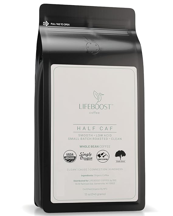 Lifeboost Half Caff Medium Roast Low Acid Coffee Beans, Organic, 12oz