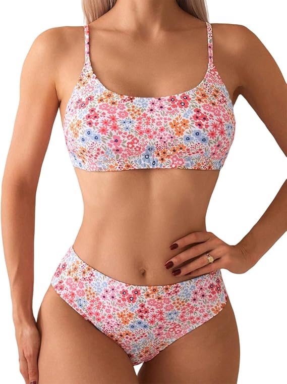 YIMISAN Women's Two Piece Swimsuit Floral Print Bikini Sets Spaghetti Straps Scoop Neck Mid Waist Cheeky Bathing Suit