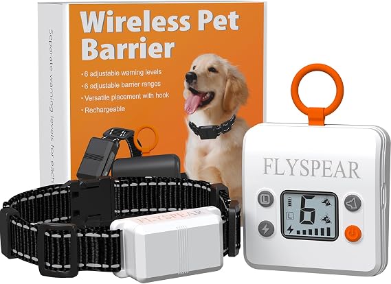 FLYSPEAR Wireless Pet Barrier - Rechargeable Indoor Barrier with 6 Adjustable Range Radius up to 7 ft, 6 Adjustable Safe Static Intensity, Electric Fence System for Dogs with Hook
