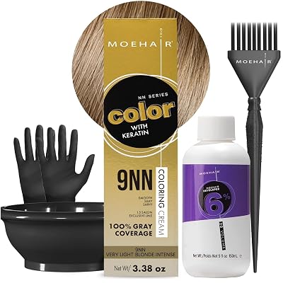 MOEHAIR Hair Coloring Kit | 9NN Permanent Hair Color Very Light Blonde Intense, 20 Volume Developer 6%, Coloring Brush, Gloves & Mixing Bowl| Keratin Infused Color | Gray Coverage | Adds Shines