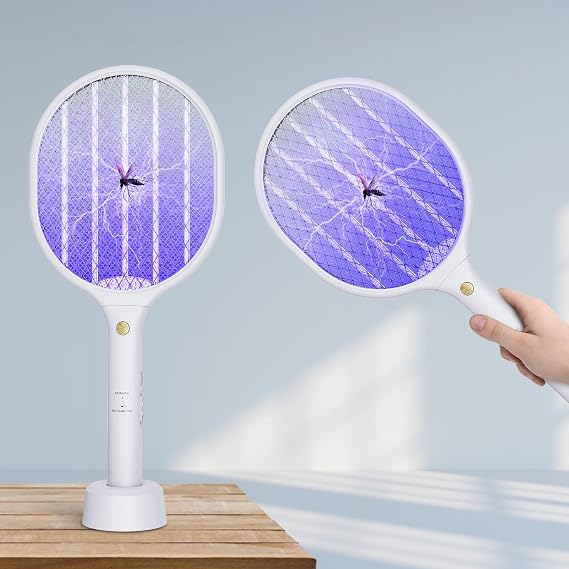 2 PCS 3000V Electric Fly Swatter Racket, 2 in 1 Bug Mosquito Killer Zappers USB Rechargeable, 1200mAh Mosquitoes Killer Lamp & Fly Zappers with 3 Layer