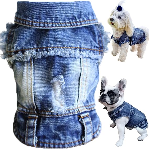 Dog Jean Jacket, Blue Denim Lapel Vest Coat T-Shirt Costume Cute Girl Boy Dog Puppy Clothes, Comfort and Cool Apparel, for Small Medium Dogs Cats, Machine Washable Dog Outfits