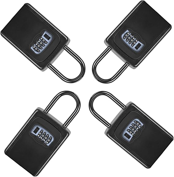 Portable Key Lock Box for House Key, Weatherproof Resettable Code House Key Safe Security Lock(4 Pack, Black)
