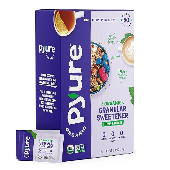 Pyure Organic Stevia Packets | Zero Calorie Sweetener For Coffee, 80 Count | Zero calorie organic stevia packets for coffee, tea, baking, keto, paleo, diabetic diets, lunchboxes, travel, and office