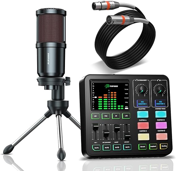 PUPGSIS Podcast Equipment Bundle with Audio Mixer, XLR Dynamic Microphone, Pro-preamp, Bluetooth 5.3