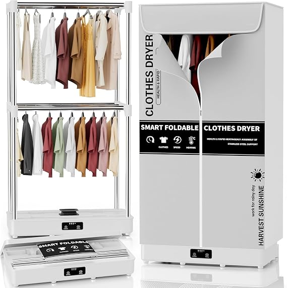 Clothes Dryer, Portable Foldable Drying Machine with Timer, Easy Carry Laundry Drying Wardrobe with Large Capacity, Electric Dryer/Rack for Home | Appartments | RV (White) [Energy Class A]