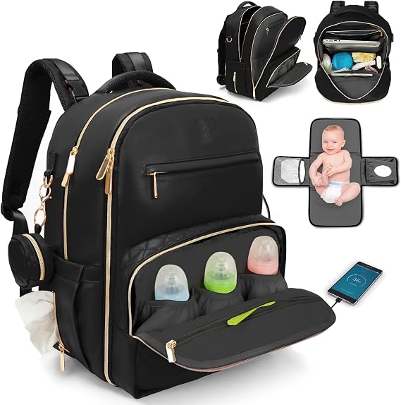 Leather Diaper Bag with Changing Pad & Pacifier, Large Diaper Bag Backpack