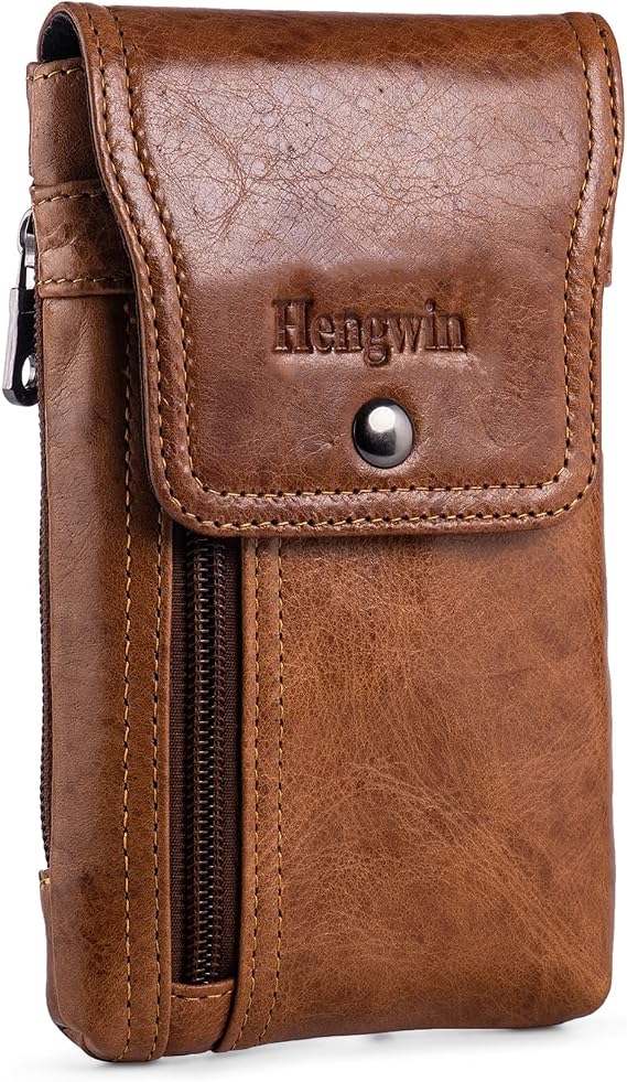 Leather Cell Phone Holster Fit for iPhone 17 16 Pro 15 Pro 14 Pro 13 Pro 12 Pro Samsung Galaxy S24 S25 Pouch Case with Belt Clip Loop Card Holder, Waist Purse Mobile Phone Bag for Belt (Brown)