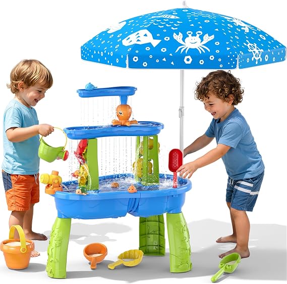 Wee Wonders 3-Tier Water Table with Adjustable Umbrella for Kids, Blue