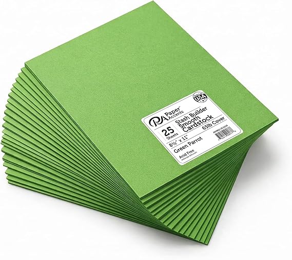 PA Paper Accents Stash Builder Cardstock 8.5" x 11" Green Parrot, 65lb colored cardstock paper for card making, scrapbooking, printing, quilling and crafts, 25 piece pack