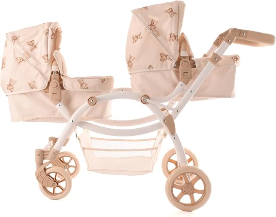 Roma Twin Dolls Pram - Realistic Double Dolls Pushchair for Ages 3-16, Adjustable Handle, 16 Combinations, Ideal Toy Pram for Reborn Dolls, Includes Bag & Basket (Teddy)