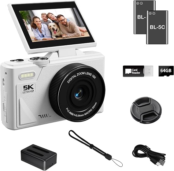5K Digital Camera for Photography with WiFi, 75MP Ultra HD Vlogging Camera for YouTube with 3" 180 Flip Screen,18X Zoom Autofocus Compact Cameras for Beginners Teens with 64GB SD Card.