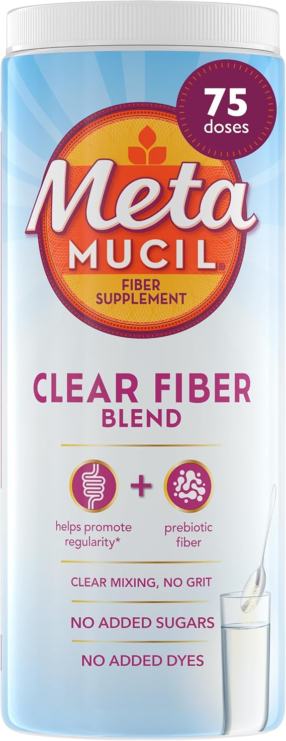 Metamucil Fiber Supplement, Unflavored Clear Mixing Powder, No Grit, No Sugar Added, Plant Based Prebiotic Fiber Supplement Blend for Daily Digestive Health, 75 teaspoons