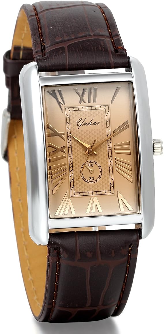 Avaner Mens Square Watch Vintage Roman Numeral Analog Quartz Wristwatch Leather Strap Causal Classic Retro Watch Unique Leather Cuff Watches with Auto Calendar Window (Brown)