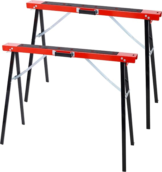 Saw Horses 2 Pack, Folding Portable Work Horse with Fast Open Legs, Convenient Handle, Heavy Duty Steel Sawhorse for Garage, Workshop, Fully Assembled