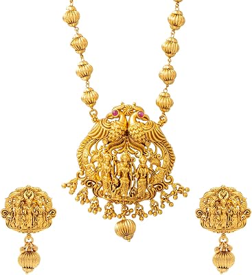 Bodha Antique Matte Gold-Plated Temple Jewellery Inspired Wedding Bridal Ram Laxman Sita and Hanuman Ram Parivar Pendant Chain Necklace Jewellery Set for Women SJN_305