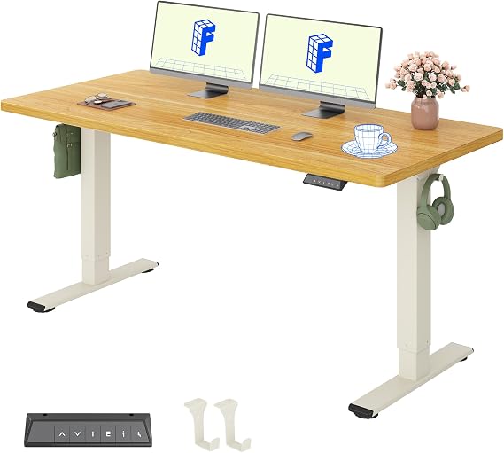 FLEXISPOT Standing Desk ONE PIECE Desktop Electric Height Adjustable Sit Stand Up with Backpack Hook Memory Smart Panel for Home Office, QN1 140 * 80cm Maple