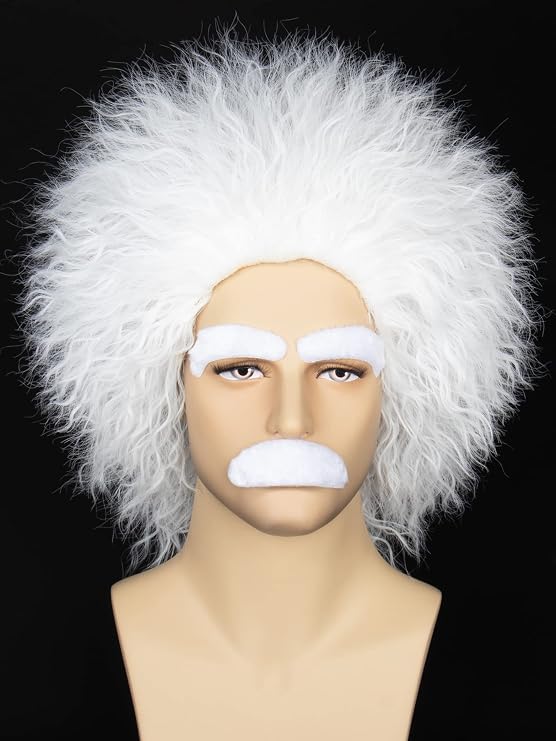 Yan Dream White Mad Scientist Wig with Mustache Eyebrows Men Crazy Wild Wig