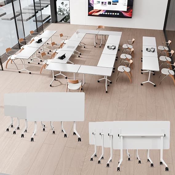 6-Pack Folding Conference Table, 55.1" Flip-Top Mobile Conference Room Tables with Wheels, Modular Rolling Conference Meeting Tables for Office, Training & Meeting Rooms,for 6-12 Person