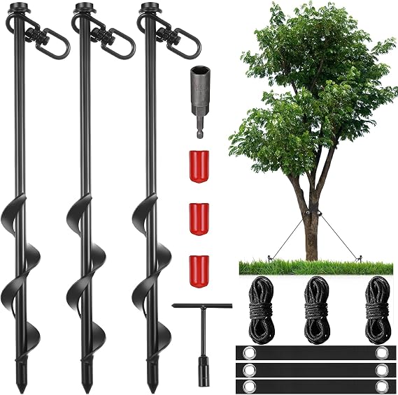 Lasnten 3 Set Tree Stake Kits Heavy Duty Tree Staking and Supports Straps Ties for Straightening Leaning Young Trees Stabilizer Metal Spiral Stakes Anchors Protects from Bad Weather (Black)