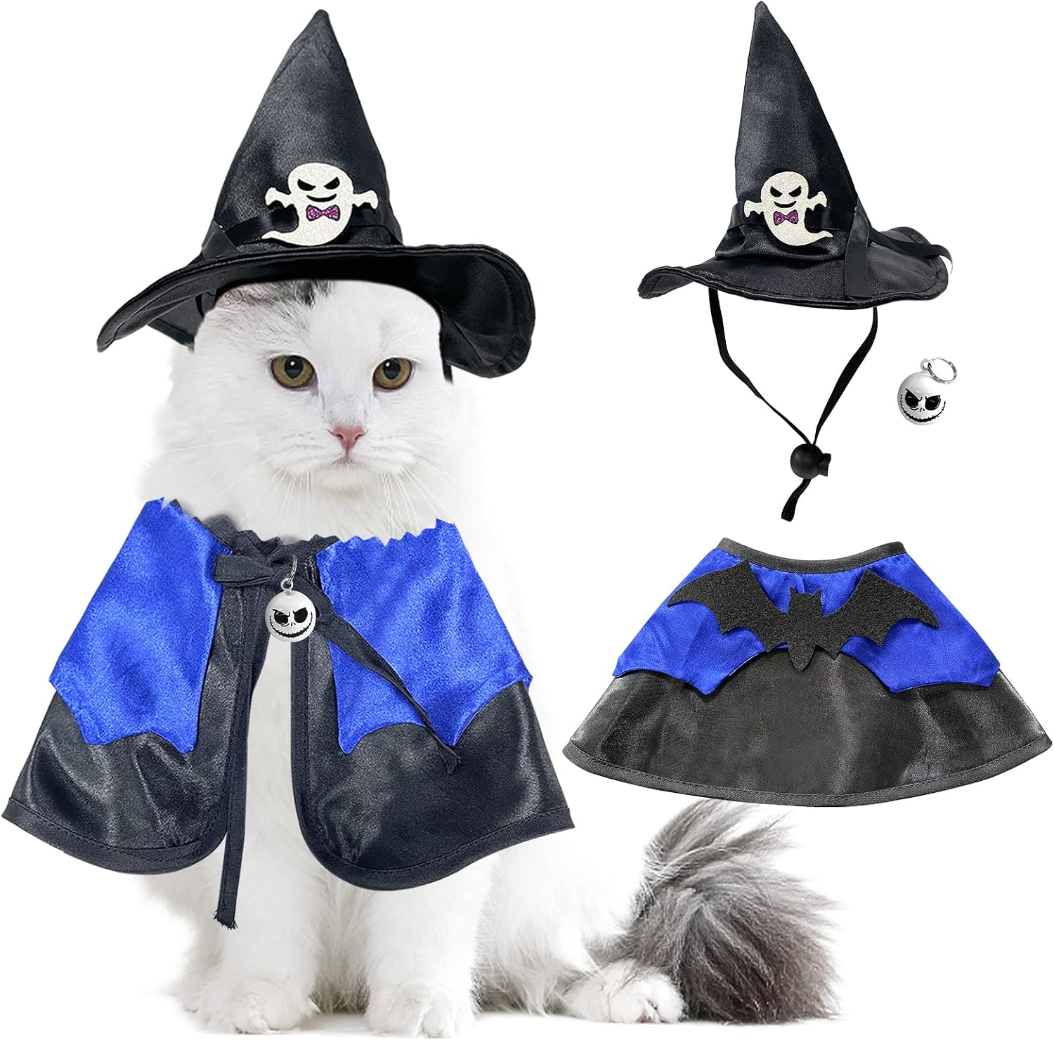 Halloween Cat Costume: Cat Witch Hat with Pet Cape, Funny Cat Wizard Costume, Cat Halloween Party Cosplay Clothes, Cute Cat Outfit for Cats Kittens Small Dogs Blue