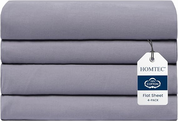 Queen Size Flat Sheet 100% Cotton Percale, 4 Pack, Dark Gray