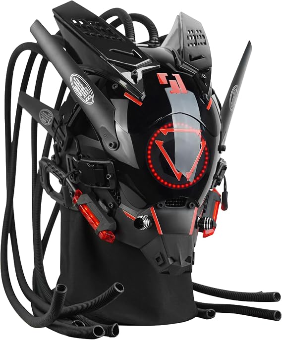Punk LED Mask with Flame Braid – Cyber Techwear Cosplay Helmet