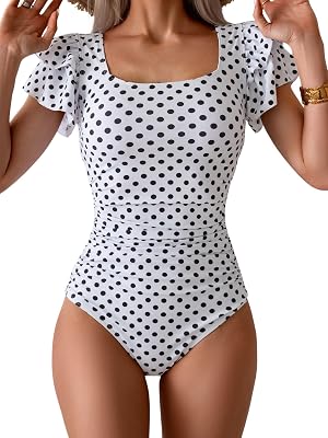 Eomenie Womens Tummy Control One Piece Swimsuit Ruffle Square Neck Bathing Suit Ruched Cutout Back Slimming Swimwear