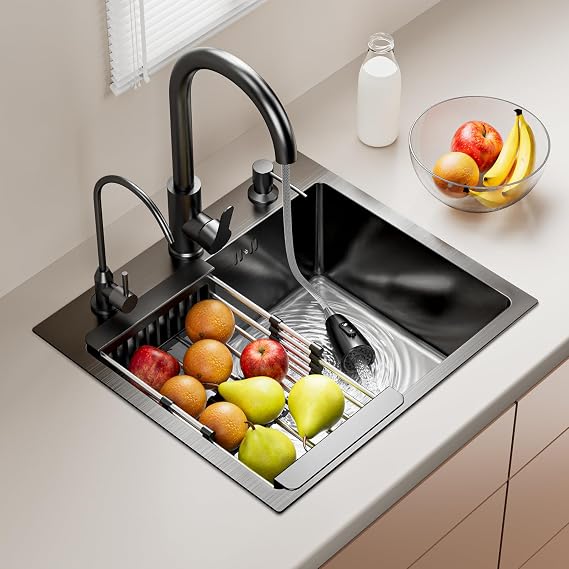 Black Drop in Kitchen Sink, Stainless Steel Single Bowl Sink, 19.6 x 17.7 Inch Kitchen Sinks Faucet Combo Set, Corner Sinks for for Workstation, Prep Kitchen, Bar (Black)