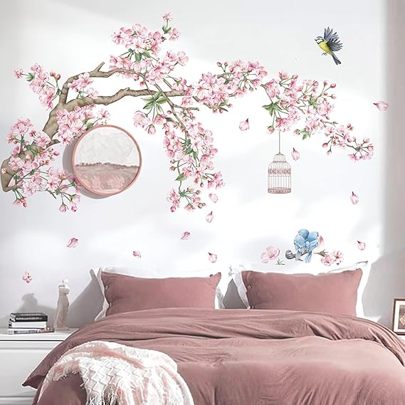 decalmile Cherry Blossom Tree Branch Pink Flower Birds Wall Decals Stickers