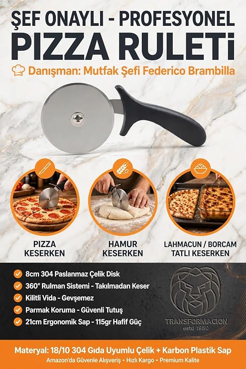 Transformacion Profesyonel Tekerlekli Pizza Bıçağı 18/10 Paslanmaz Çelik Hamur Kesici Rulet Çelik Keskin Pizza Dilimleyici 723467