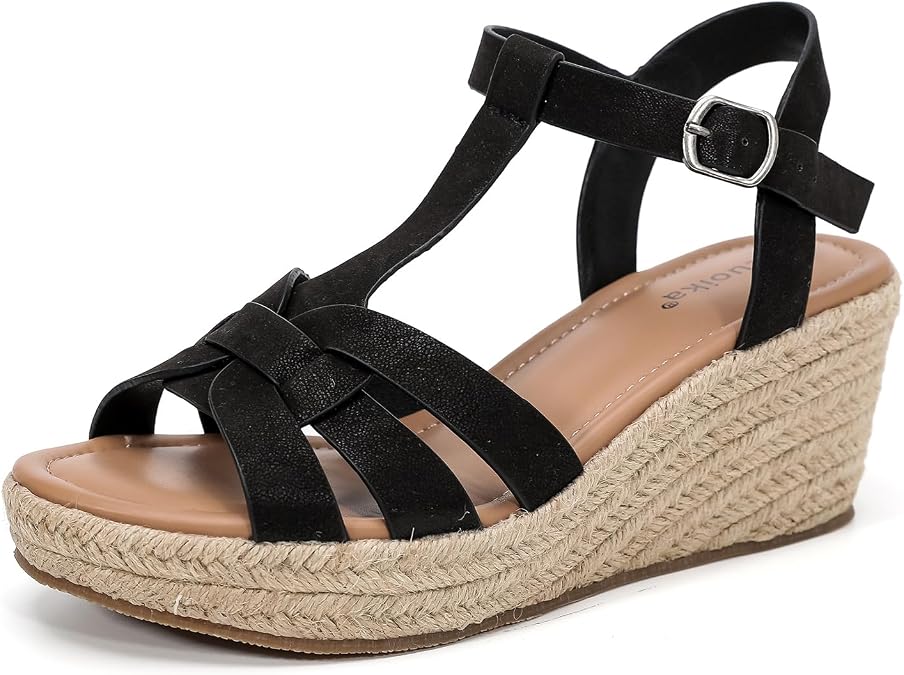 Luoika Women's Wide Width T-Strap Platform Wedge Sandals.