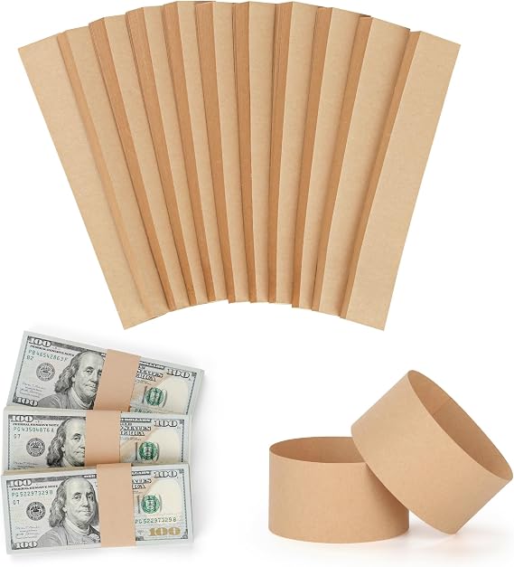 PONNOR Money Bands 550 Pack Blank Natural Kraft Brown Cash Bands Self Adhesive Currency Straps for Bill Wrappers Cash Organizer