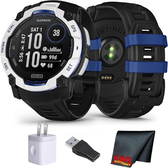 Garmin Instinct 3 Solar Rugged GPS Smartwatch, 50 mm Case, Unlimited Battery with Solar Charging, Multi-Band GPS with SatIQ, Built-in Flashlight, Supernova Collection, Whitestone with Black/Bolt Blue