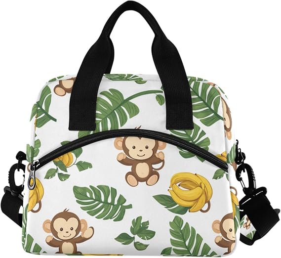 Insulated Lunch Bag Monkey Palm Leaves Banana Reusable Cooler Lunch Tote Box with Shoulder Strap for Work Picnic School Beach