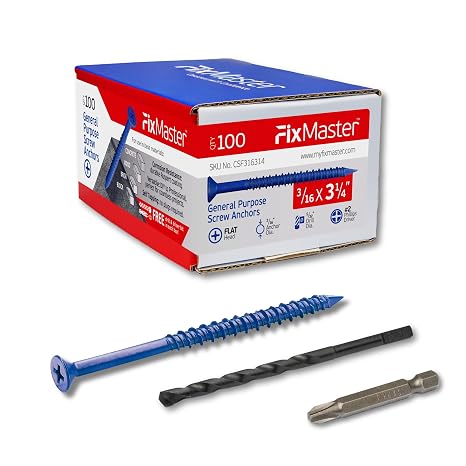 3/16 x 3-1/4" Countersunk Phillips Flat Head Blue Concrete Screw Anchors (100 pcs Screw Kit) with one Screwdriver and Drill Bit for Concrete, Masonry, Block, Brick and Wood Fastening