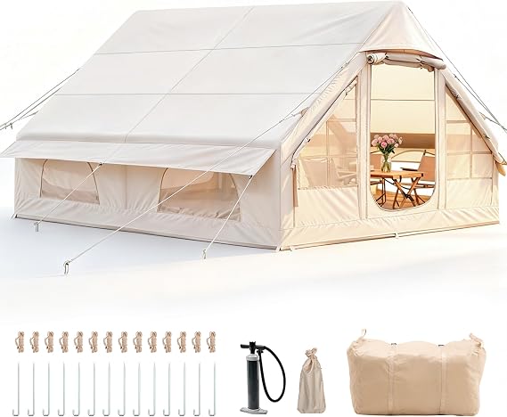 Inflatable Camping Tent with Pump, 420D Oxford Glamping Inflatable Tent for Camping, Waterproof up to 3000 mm, 4 Seasons, Windproof, Anti-UV Oxford Cabin Tent with Mesh Windows and Doors for 2-10
