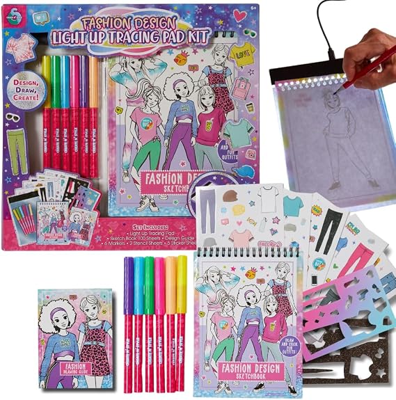 Innovative Designs Create N Style Fashion Design Light Up Tracing Pad Kit, Kids Coloring Art Activity Set with Stickers and Stencils