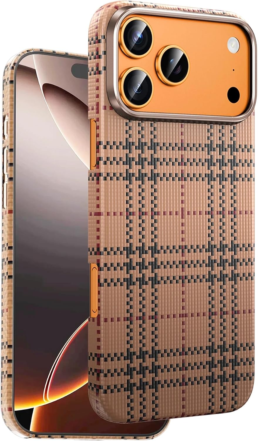 CONSTRAIN - iPhone 17 Pro Max ile uyumlu Kılıf Ultra Slim Kumaş Desenli Karbon Scots Kevlar Magsafe ile uyumlu Kapak - GOLD