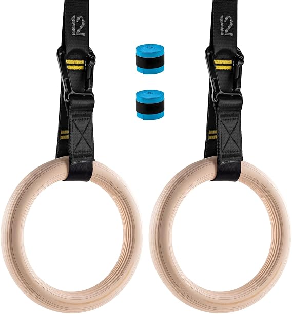 Wooden Gym Rings, 9ft Double-Layer Numbered Straps Quick Adjust