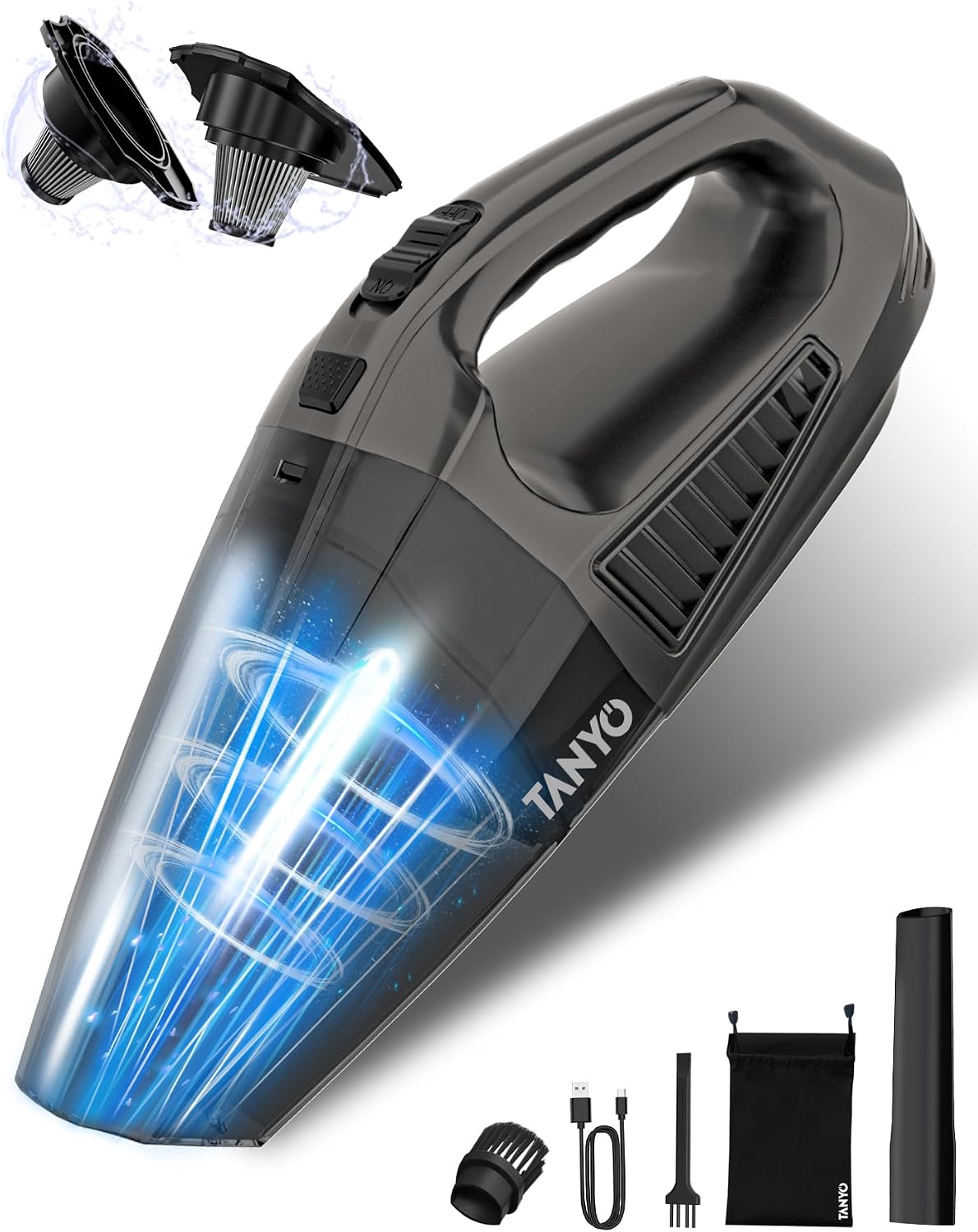 TANYO Handheld Vacuum Cleaner Cordless 12000 Pa, Brushless Portable Vacuum with HEPA Filter, Rechargeable Hand Held Vacuum for Home, Pet and Car Accessories Detailing Kit for Men Women Clear