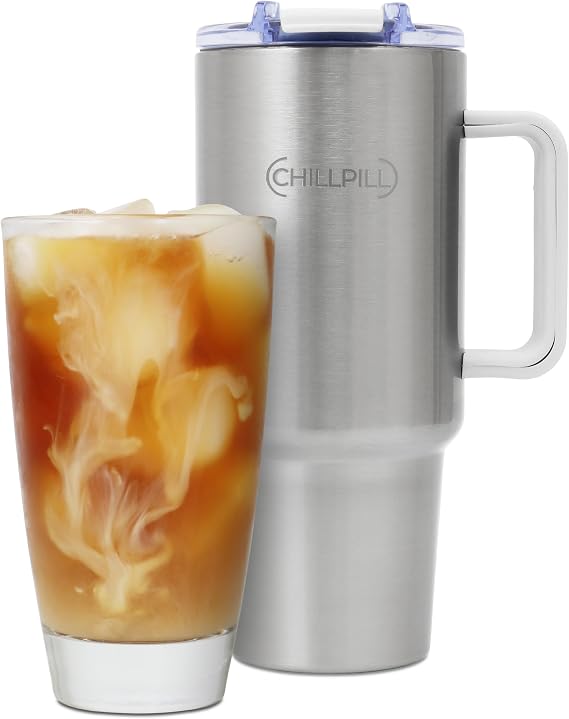 CHILLPILL GO Iced Coffee Chiller - Stainless Steel Cup Iced Coffee Maker & Espresso Chiller, Fast Cooling Cold Brew Coffee Maker, Instant Drink Chiller with Lid & Straw