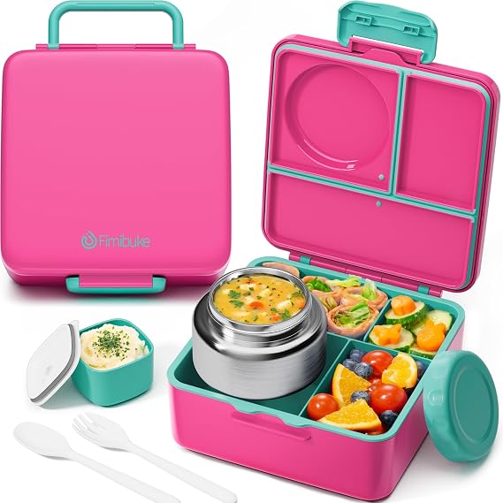 Fimibuke 60oz Leakproof Bento Lunch Box for Kids with 8.5oz Thermo Food Jar | 3-4 Compartment Toddler Lunch Box kids Food Container with Utensil Sauce Cup for School Boys Girls, Dishwasher Safe, BPA-Free