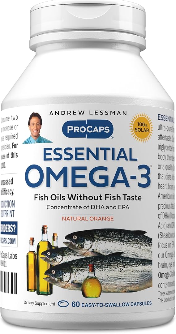 ANDREW LESSMAN ProCaps Essential Omega-3 Orange, 60 Softgels | Premium purified omega-3 fish oil with EPA & DHA for heart, brain and eye health with a refreshing orange flavor.